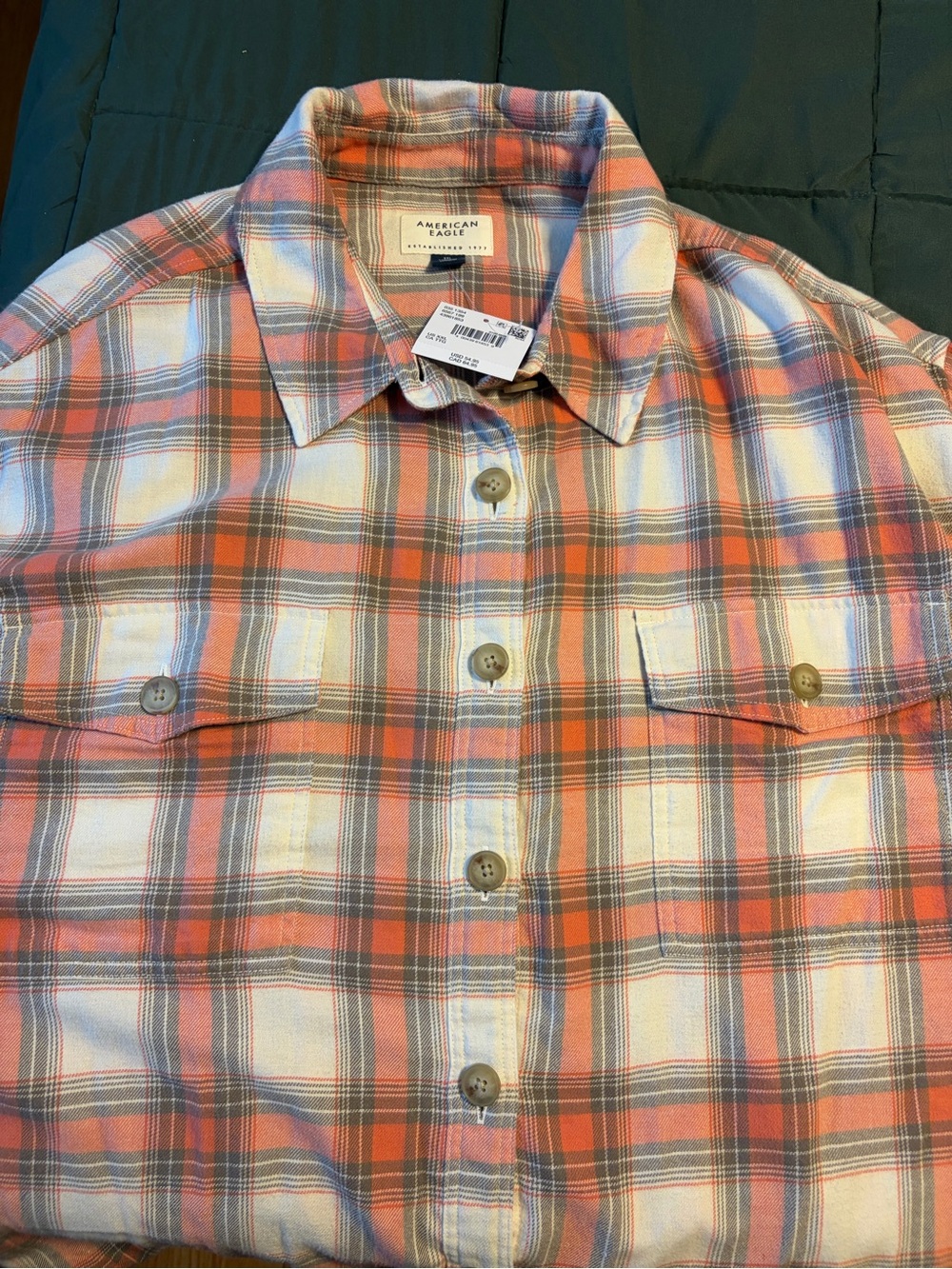 American Eagle Outfitters Women’s Coral Plaid Button-Up Flannel Shirt